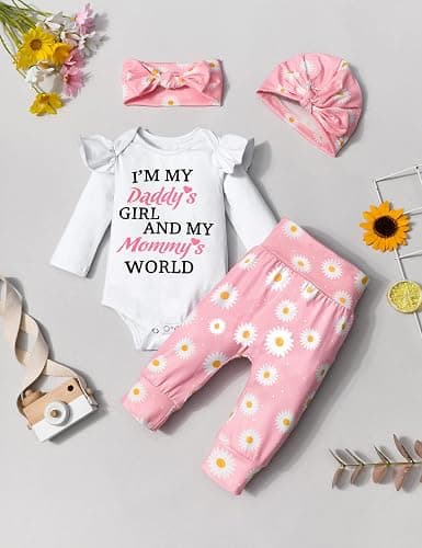 TyeSmo Infant Newborn Baby Girl Clothes Baby Girl Outfits For All Seasons Long Sleeve Snap Romper Pant Sets With Headband thumbnail 8