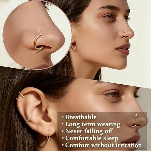 12PCS Hypoallergenic 14K Gold Plated 18G Nose Rings Studs Set for Women Men:3Pcs nose rings & 6Pcs L Shaped Nose Studs & 3Pcs Clear Nose Studs Gold/Silver 316L Surgical Stainless Steel Nose Piercing Jewelry thumbnail 6
