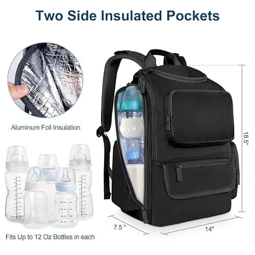 Mancro Diaper Bag Backpack, Multifunctional Dad Diaper Bag with 2 Side Insulated Pockets, Travel Water Resistant Baby Diaper Backpack for Men Women with Stroller Straps, Black thumbnail 3