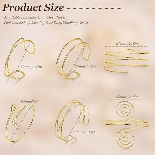 Masedy 6PCS Gold Arm Cuff Bracelets for Women Upper Armband Open Adjustable Wrist Arm Bangle Bracelets Set Minimalist Thin Stack Coil Swirl Trendy Armlet Jewelry thumbnail 2