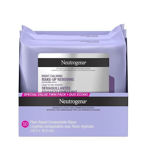 Neutrogena Night Calming Makeup Remover Face Wipes, 100% Plant-Based Cloth Hypoallergenic Nighttime Cleansing Towelettes, Remove Waterproof Makeup, Dirt & Oil, Dermatologist Tested, 50 Count (2 x 25 Count) - Image 1