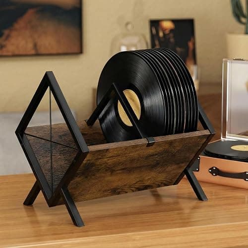 Lifegogo Vinyl Record Storage Rack: Wooden Metal 80 LP Vinyl Records Display Rack Brown Record Storage Holder with Adjustable Divider for Albums CDs Magazine Books Files - Image 1