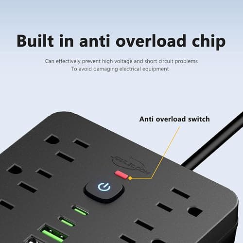 JouleLoom 6 FT Flat Plug Surge Protector Power Strip,11 Multiple AC Outlets with 6 USB Ports (2 USB C), 6 Feet Extension Cord, 1250W/10A, One Touch Switch Button, 17 in 1 Compact powerstrip thumbnail 5