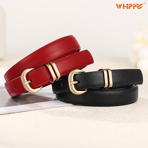 WHIPPY 2 Pack Skinny Leather Belts for Women Thin Ladies Fashion Belt C-Shaped Gold Buckle Black Belt for Jeans Pants Dresses thumbnail 2