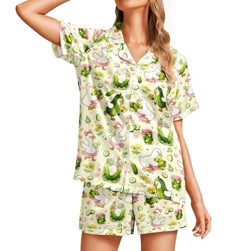 WELLINZER Satin Silk Pajamas for Women 2Pcs Collar Sleepwear Button Down Short Sleeve Shorts Pjs Set Loungewear thumbnail 2