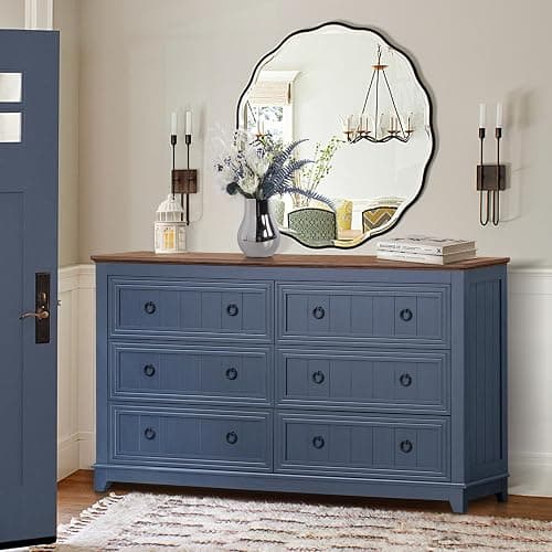 Joaxswe 6 Drawers Dresser for Bedroom, Farmhouse 54 Inch Wide Wood Dresser Chest of Drawers, Vintage Design TV Stand, Rustic Storage Dressers Organizer for Bedroom, Living Room, Hallway - Navy Blue thumbnail 8