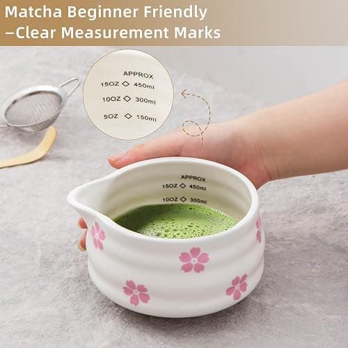 YumiPLUS 2pcs Matcha Bowl with Whisk Holder, Ceramic Cherry Blossom Matcha Bowl with Spout, 16.5OZ Porcelain Bowl with Measurement Marks,Tea Mixing Bowl with Whisk Stand, Matcha Gift (sakura) thumbnail 4