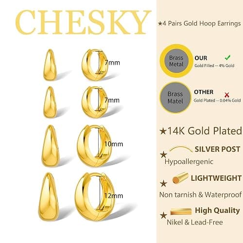 CHESKY 4 Pairs Small Huggie Hoop Earrings for Women - Chunky 14K Gold Plated/Silver Plated Lightweight Earring Stacks Cartilage Hoop Earrings Set for Multiple Piercing Trendy Jewelry thumbnail 4