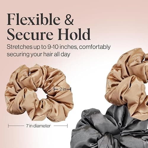 Kitsch Satin Scrunchies for Women - No Crease Hair Ties for Girls | Big Scrunchies for All Hair Types and Textures, Perfect for Day or Night | Ideal Gifts for Women - 2 Pcs, Charcoal and Gold thumbnail 4