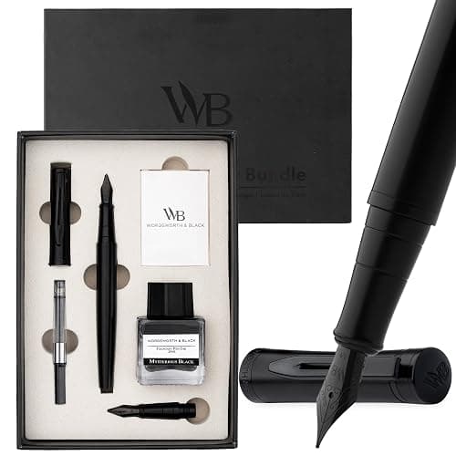 Wordsworth & Black Fountain Pen Set, 18K Gilded Medium and Extra Fine Nib, 25ML Black Ink Bottle, 6 Ink Cartridges,Refill Converter,Gift Box,Smooth Writing Pens [All Black],Gift Set for Men and Women - Image 1