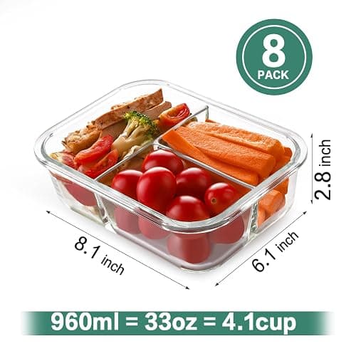 8 Pack 3 Compartment 36oz Large Glass Meal Prep Containers with Lids | Borosilicate Glass Lunch Containers with Locking Lid, Airtight Bento Box, Snack Boxes, Portion Control, BPA-Free thumbnail 3