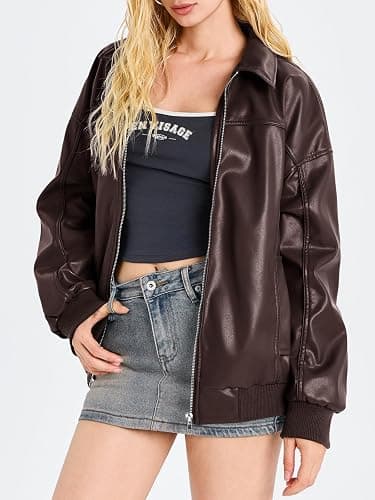 Tankaneo Womens Faux Leather Jackets Oversized Bomber Casual Fall Fashion Zip Up Moto Biker Coats thumbnail 2