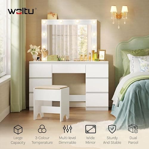 WOLTU Dressing Table with LED Bulb Lights, Adjustable Brightness, Vanity Table Makeup Desk with Large Mirror and 7 Drawers, 107 x 140.5 x 39.5 cm, White Bedroom Dresser, MB6099ws thumbnail 8