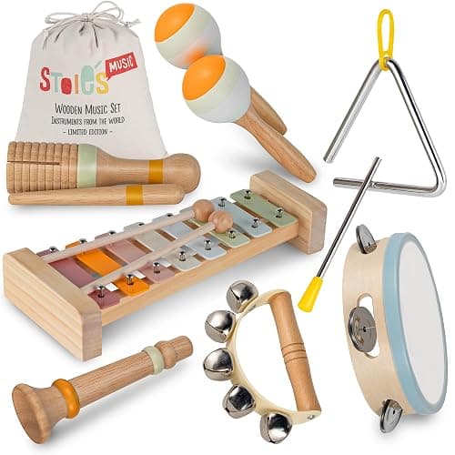 Stoie's Wooden Toddler Musical Instruments with Xylophone, Maracas, Triangle, Tamburine for Babies and Kids, Eco Friendly Montessori Educational Toy thumbnail 9