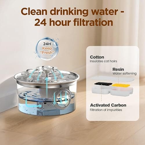 Stainless Steel Cat Water Fountain: 88oz/2.6L Ultra Quiet Pet Fountain with Flower Kitty Spout & LED Blue Light Water Dispenser with Water Level Window for Cats/Dogs Indoor (Silver) - IHOUONE thumbnail 8