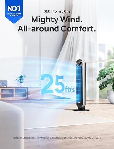 Dreo Tower Fan for Bedroom, 25ft/s Velocity Quiet Floor Fan, 90° Oscillating Fans for Indoors with 4 Speeds, 4 Modes, 8H Timer, Standing Fans, Bladeless Fan, Silver, Nomad One (DR-HTF007) - Silver - Tower Fan thumbnail 2