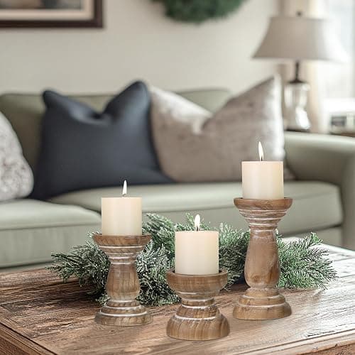 Candle Holder for Pillar Candle Set of 3, Farmhouse Wood Candle Holder, Rustic Wooden Candle Stand, Vintage Small Wooden Candlestick HoldersDecorative for Living Room, Table Centerpiece (Brown) thumbnail 6
