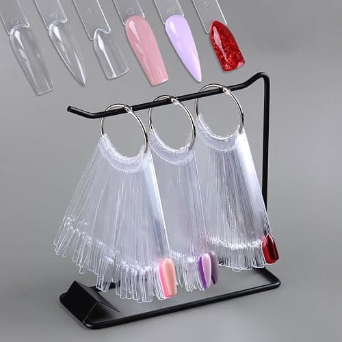 150 Pcs Nail Swatch Sticks with Ring & Nail Art Display Stand Storage Rack, Clear Ballerina Square Stiletto Nail Art Polish Color Display Practice Tips, Nail tech Supplies for Home or Salon Use - Image 1