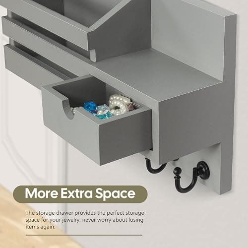 FifthQuarter Key and Mail Holder for Wall, Mail Organizer Wall Mount with 6 Hooks and Storage Drawer, Easy Installation Key Rack for Entryway and Home Decor (A-Grey) thumbnail 4