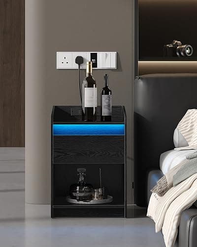 Hzuaneri Bedside Table with LED Light, Bedside Cabinet with Charging Station, 1 Storage Drawer Nightstand for Bedroom, Living Room, 2 USB Port, 2 Outlets, Open Compartment, Black NS04804X1UK thumbnail 8