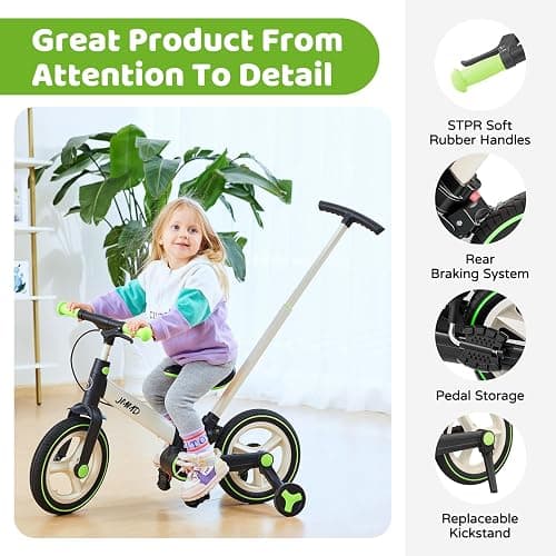 JMMD 6 in 1 Toddler Bike with Push Handle for Kids 18-60 Months, 12" Foldable Balance Bike with Training Wheels, Pedals, Brakes, Kickstand, Push Tricycle Toddler Gift & Toys for Boy & Girl thumbnail 6