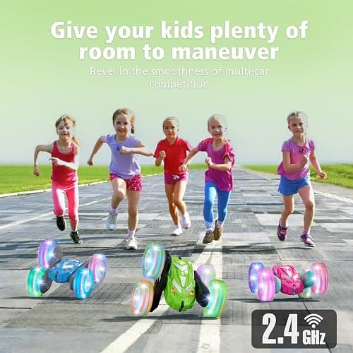 Amicool Remote Control Car for Boy 6-12 with Flashing Light, 6 7 8 9 Years Old Boy Toys, Race RC Cars Stunt Drift 4WD 2.4Ghz Double Sided 360° Flip, Boys Gift Idea for Kids Birthday Christmas, Green thumbnail 4