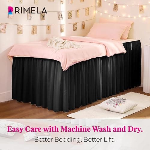 RIMELA Dorm Bed Skirt Twin XL 25 Inch Drop, Extra Long Wrap Around Elastic Bed Skirts Easy to Put On Twin Size Dust Ruffle, Black Bedskirt for Adjustable Bed Base Solid Silky Fabric Machine Washable thumbnail 2