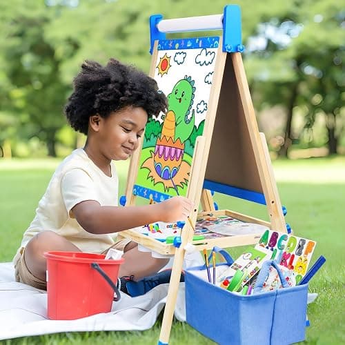 Easel for Kids Toys,Toddler Art Easel, Boy Toys for Ages 5-7,Adjustable Wooden Magnetic White Board and Chalk Board with Art Supplies, 4 5 6 7 8 9 10 Year Old Boys Birthday Gifts thumbnail 2