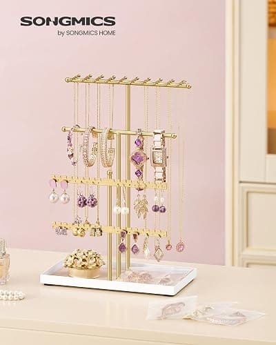 SONGMICS Schmuckständer, Schmuckhalter, Metallrahmen, Schmucktablett Samt, Schmuckaufbewahrung für Halsketten Armbänder Ohrringe Ohrstecker Ringe, Geschenkidee, blassgold JJS036AB01 thumbnail 2
