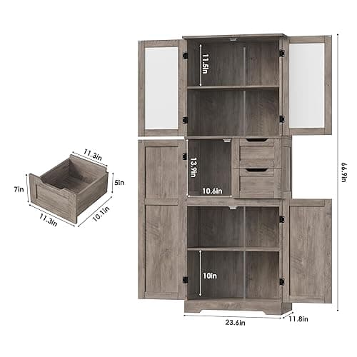 BOTLOG 67'' Tall Bathroom Storage Cabinet, Linen Cabinet with Glass Doors and Adjustable Shelves, Kitchen Pantry with 2 Drawers for Bathroom, Living Room, Dining Room, Rustic Grey thumbnail 3