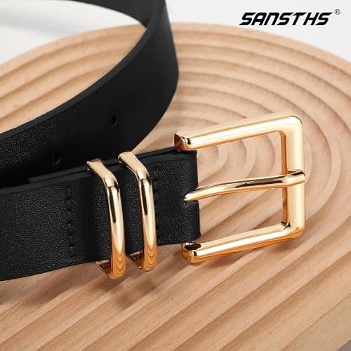 SANSTHS 3 PACK Women Leather Belts for Jeans Pants Dresses Fashion Ladies Waist Belt with Gold Square Buckle thumbnail 5