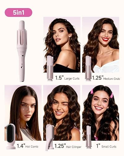 TSUYAGLA 5 in 1 Automatic Curling Iron Set with 3 Interchangeable Barrels | Rotating Hair Curler with 1, 1.25 and 1.5 Inch Curling Wands, Hair Crimper, Straightening Brush, Dual Voltage, Gift for Her thumbnail 2