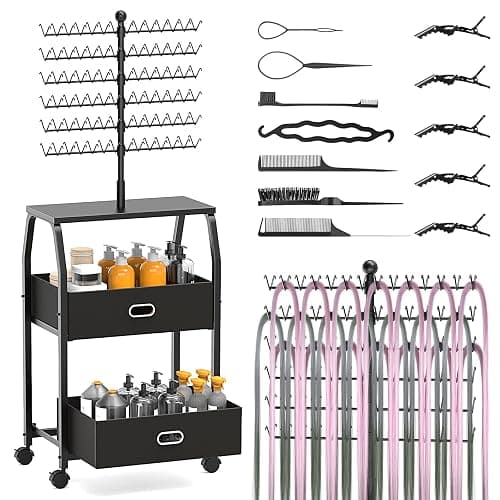 XINTUO Portable Braiding Hair Rack With Wheels & Storage Drawers,168 Pegs Hair Extension Holder Hanger for Braiding Hair Separator Stand Display,Hair rack with stylist hair braiding tools(black) - Image 1