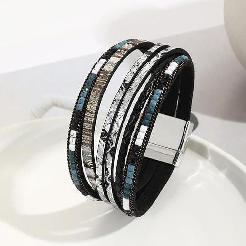 Fesciory Leather Wrap Bracelets for Women, Boho Leopard Multi-Layer Crystal Beads Cuff Bracelet Jewelry thumbnail 6