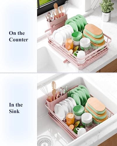 Kitsure Dish Drying Rack for Kitchen Counter, Stainless Steel Sink Organization and Storage Essentials with Cutlery Holder, Home and Appartment Decor, 12''W x 15.5''L, Pink thumbnail 4