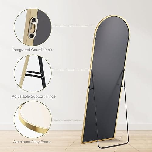 Sweetcrispy 64"x21" Arched Full Length Mirror, Standing or Leaning Full Body Mirror with Aluminum Alloy Thin Frame, Suitable for Bedroom or Cloakroom,Gold thumbnail 6