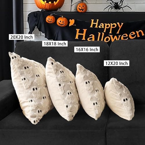 4TH Emotion Halloween Ghost Decorative Pillow Covers 18x18 Set of 2, Beige Soft Plush Faux Fur Farmhouse Throw Cushion Cases for Fall Holiday Home Decorations thumbnail 6