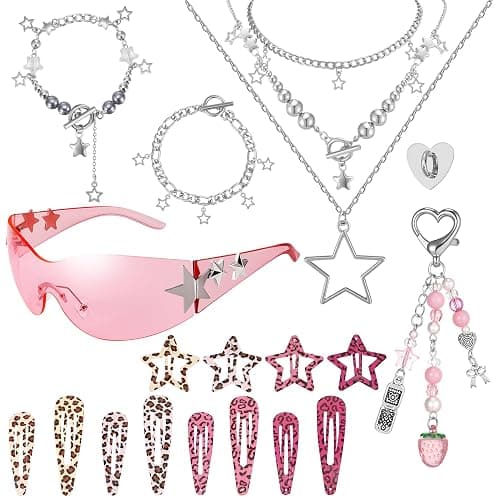 Fingertip WD Y2k Accessories Set Included Star Y2k Silver Necklace | Grunge Layered Necklace Y2K Sunglasses Y2k Star Silver Hair Clips Keychain Hip Hop Pants Chain Vintage Jewelry Set for Women - Image 1