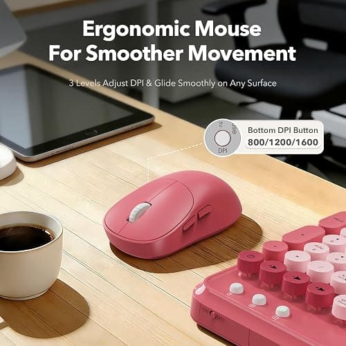 Wireless Keyboard and Mouse Combo with Phone/Tablet Holder, Cute Full-Size Typewriter-Style Keyboard, Retro Round Keycaps, 3-Level DPI Mouse, 2.4GHz Cordless Connection for Windows/PC/Laptop (Pink) thumbnail 6