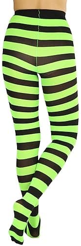 ToBeInStyle Women’s Wide Horizontal Contrast Stripe Tights Opaque Hosiery - One Size Plus - Black and Neongreen thumbnail 2