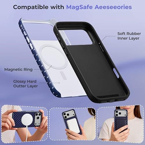 ZTOFERA Magnetic Case for iPhone 17 Pro, Compatible with Magsafe, Polka Dot Aesthetic Phone Case Cute for Girl Women, Hard PC+Soft TPU Protective Phone Cover for iPhone 17 Pro-Navy Blue thumbnail 3
