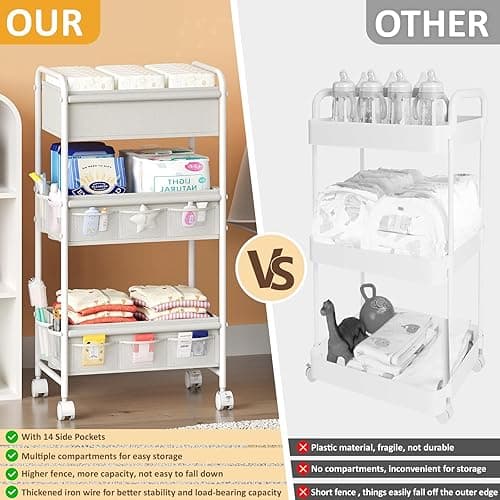 3-Tier Baby Diaper Caddy Cart Organizer,Mobile Nursery Organization with Wheels,with 2 Dividers & 14 Mesh Pockets Durable Metal Utility Cart for Nursery, Bedroom, Bathroom Essentials Organization - 17"Wx11"Dx32.45"H - White thumbnail 5