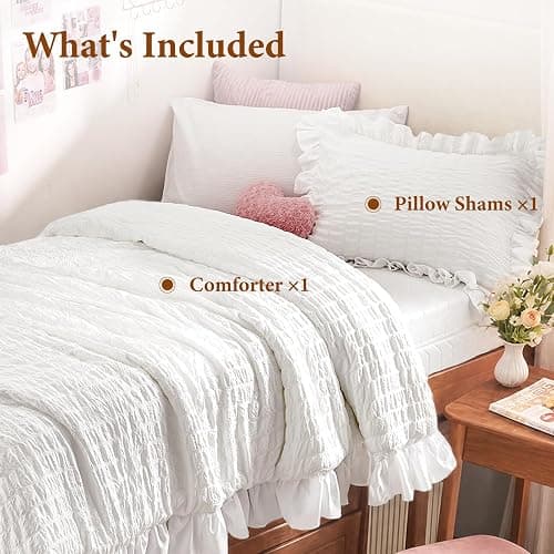 JOLLYVOGUE White Twin Size Comforter Set, 2 Pieces Seersucker Lightweight Fluffy Bedding Set, Twin Ruffle Comforter, All Season Soft Microfiber Shabby Chic Bed Set thumbnail 7