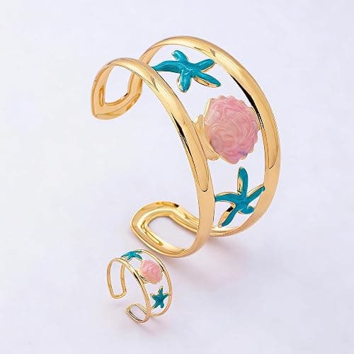 Nojess Boho Ocean Starfish Shell Open Cuff Bangle Bracelet Ring Set for Women Enamel Statement Summer Vacation Beach Jewelry thumbnail 4
