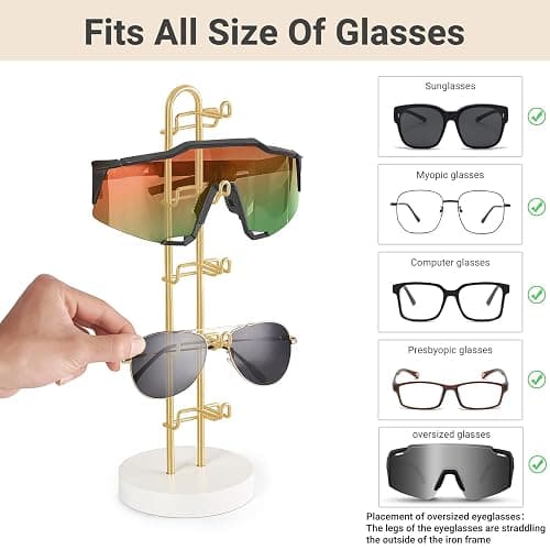 Mkono Sunglasses Organizer Glasses Holder Stand Sunglass Storage Eyeglasses Rack Metal Frame with Wood Base for 5 Pairs of Eyewear Display for Table Desk Countertop Dresser Bedroom, Set of 1, Gold thumbnail 5