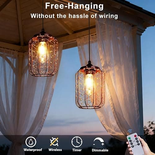 ALL FORTUNE Battery Operated Hanging Outdoor Chandelier, Battery Pendant Light 4 AA Battery-Powered for Gazebo, Pergola, Porch, Patio, Outdoor Decor Lighting thumbnail 2