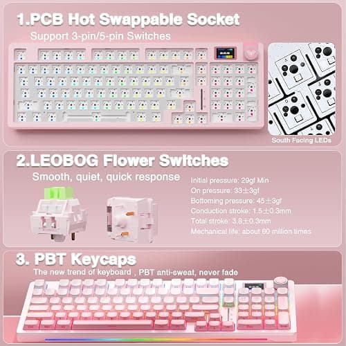 AULA S98 Pro Wireless Mechanical Keyboard with Screen & Knob,2.4GHz/USB-C/BT5.0 Hot Swappable Pink Creamy Keyboard,Pre-lubed Linear Switches,Side Printed PBT Keycaps,RGB Backlit Gaming Keyboards thumbnail 5