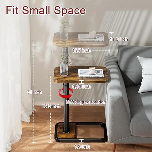 GOYLSER C-Shaped Tables Small Swivel End Table, Height Adjustable Side Tables Living Room, Rotating Snack Couch Wooden Tv Trays for Eating On Couch, Rustic Brown thumbnail 2