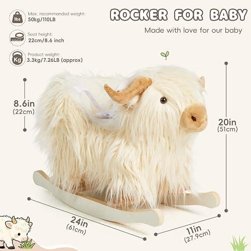 Baby Rocking Horse,Highlander Cattle Rocking Toy for 1+ Year Old Boys and Girls Rocking Horse for Kids Room Nursery Birthday Party Shower Gift Wood Animal Rocker French Design 3-Side Seat PP Cotton thumbnail 3
