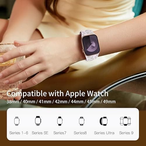 Floral Engraved Silicone Bands Compatible with Apple Watch Band 38mm 40mm 41mm 42mm 44mm 45mm 49mm for Women, Two-Tone Flower Sport Soft Strap for iWatch Series 9/Ultra/8/7/SE/6/5/4/3/2/1 thumbnail 4